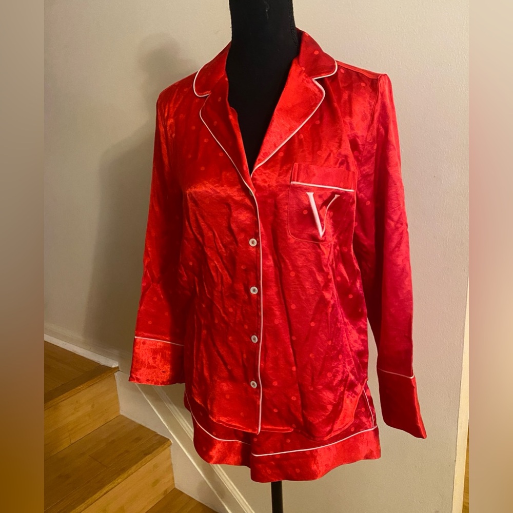 Victoria's Secret Red Satin Pajama Top with White Piping